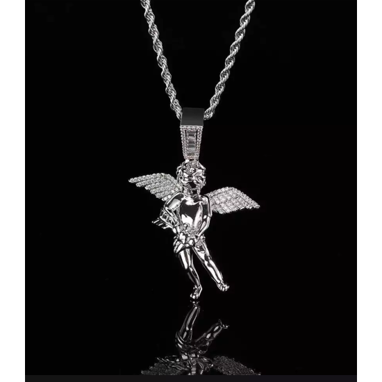 Bling Iced Out Cupid Cubic  Mens Gold Plated Angel Pendant