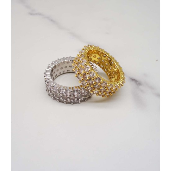 luxury triplex row full studded cz diamond gold plated ring